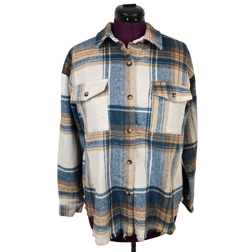 Women's Blue B Teal & Tan Plaid Flannel Shacket Jacket Fringe Trim | Size Small